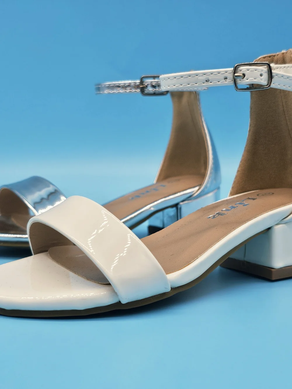 Lina Girls Two-Tone Ankle-Strap Dress Sandals in White and Silver